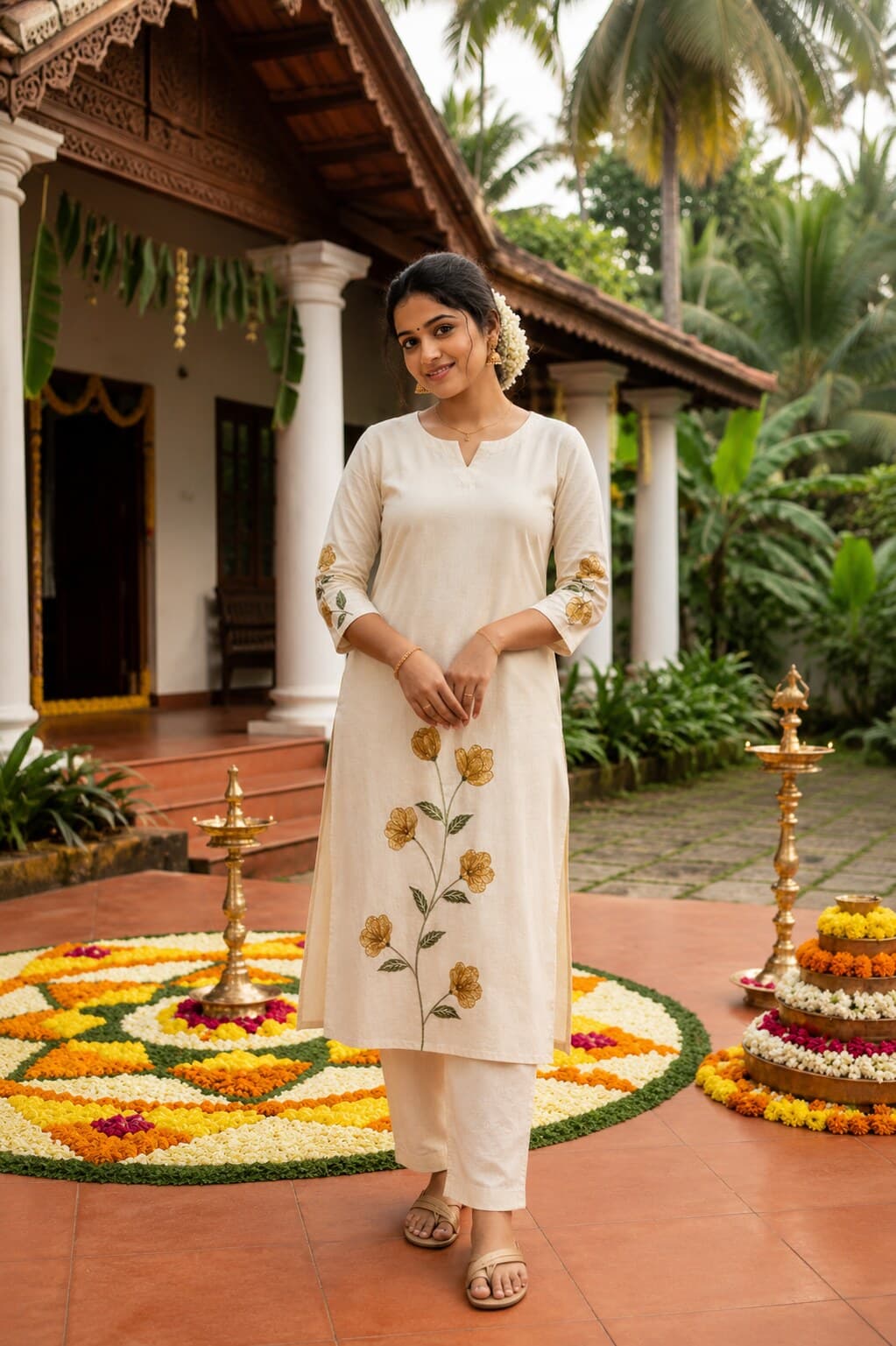 Model in an ivory Mizhy kurta with golden floral embroidery